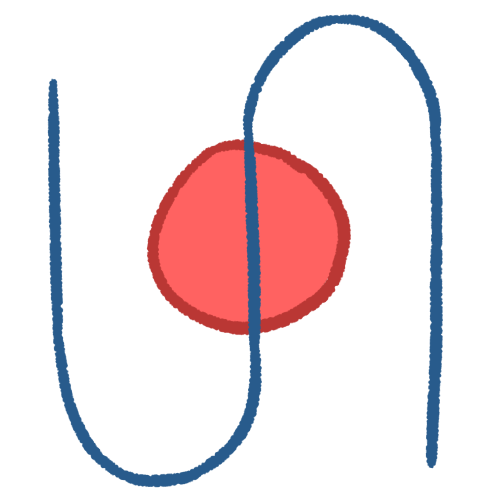 a drawing of a pink circle, with a large blue sideways S on top of it, with the middle of the S intersecting the centre of the circle. the lines are thick.